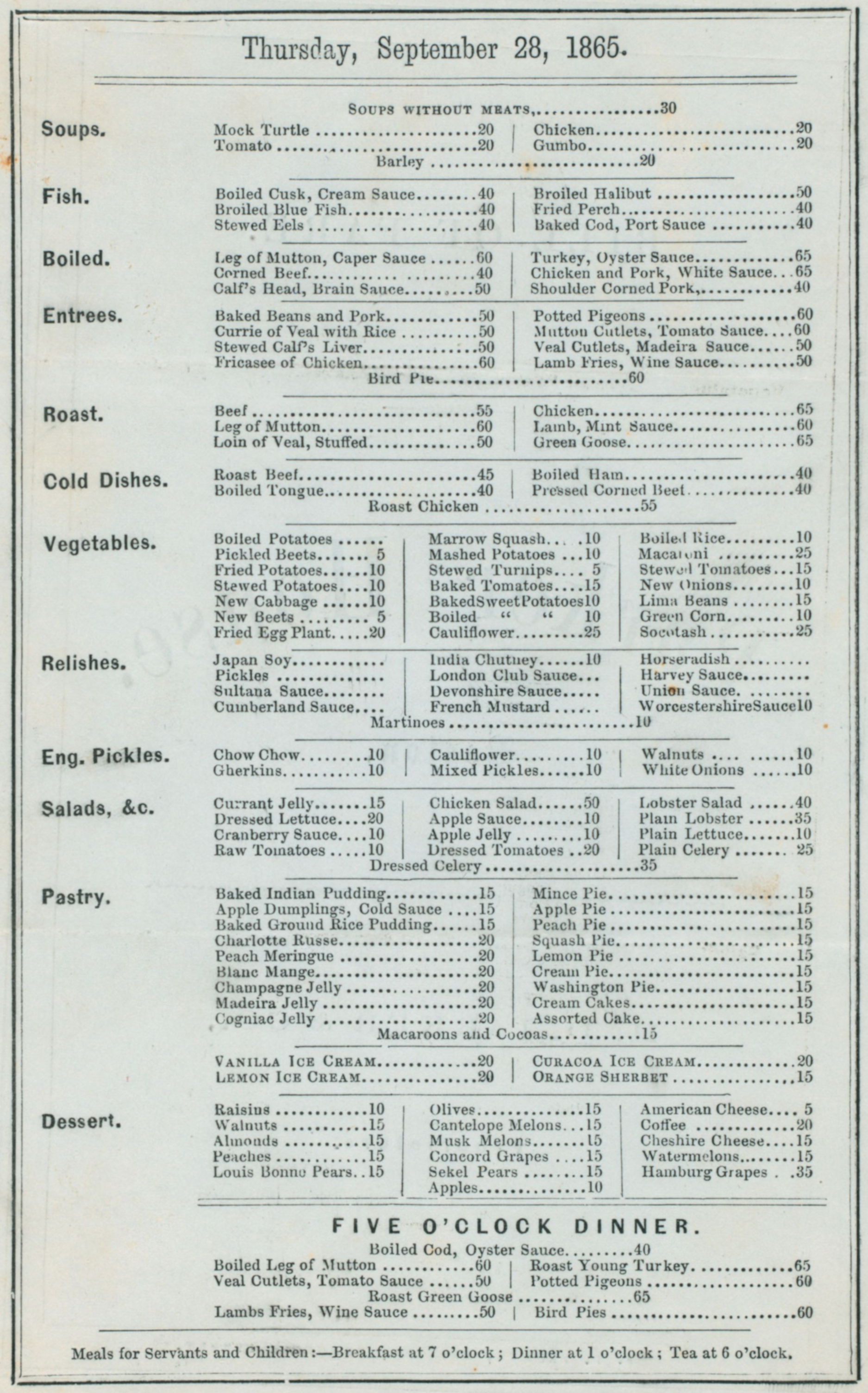 Parker House Historic Menu